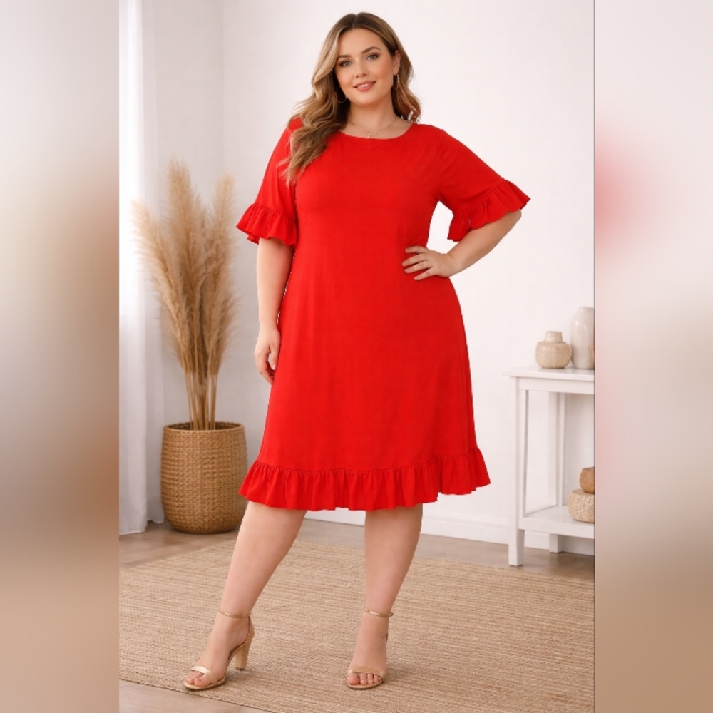 Elegant Red Ruffle Dress Midi Length With Back Zipper Closure Size XXL